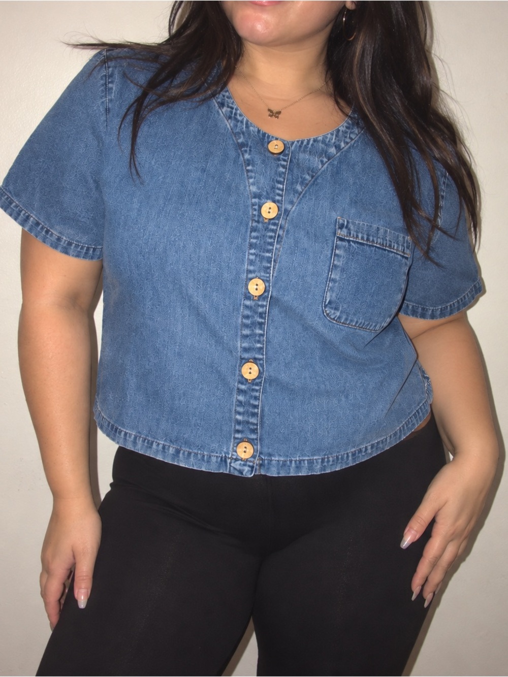 Vintage Plus Size Cropped Chambray Denim Button Down Top Size XS